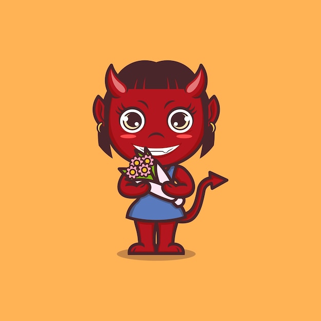 Vecteur diable de dessin animé mignon avec fleur