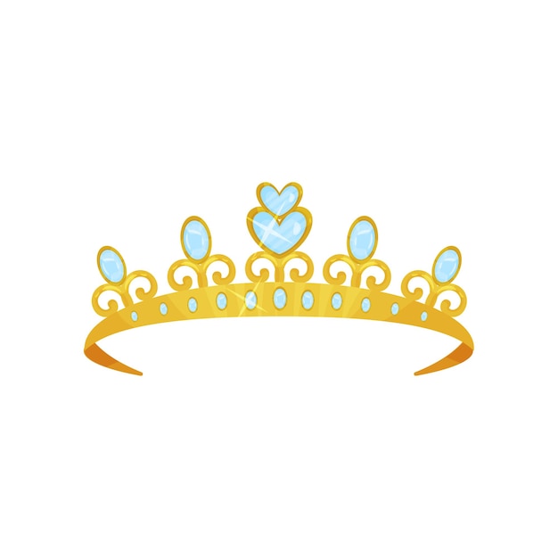 Diadème de princesse brillant orné de pierres précieuses bleues Couronne de reine dorée Accessoire de tête de femme Symbole de la dignité royale Bijoux coûteux Design vectoriel plat coloré