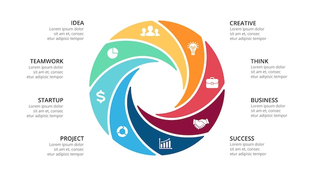 Diagramme de cercle Modèle de présentation d'infographie vectorielle Graphique 8 étapes d'options