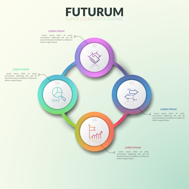 Diagramme Circulaire, 4 éléments De Couleur Dégradé Rond Connectés Avec Des Nombres, Des Icônes De Fine Ligne Et Des Zones De Texte.