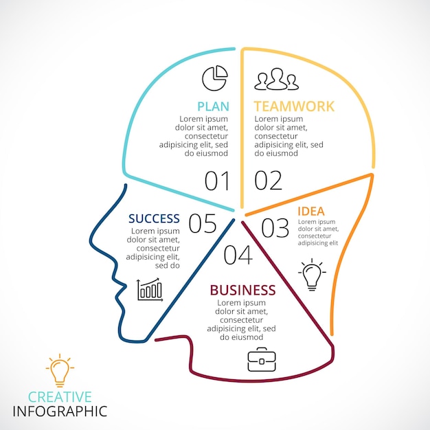 Vecteur diagramme du cercle de la tête humaine infographie avec 5 étapes et options