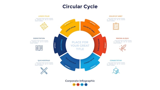 Vecteur diagramme en forme d'anneau divisé en 6 secteurs colorés concept de six étapes du cycle de production de l'entreprise modèle de conception infographique d'entreprise illustration vectorielle plane moderne pour l'analyse commerciale