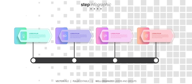 Vecteur diagramme de modèle d'infographie de scène avec forme horizontale rectangulaire, direction droite et pas de 4 points