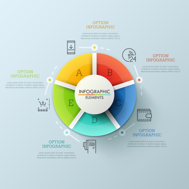 Diagramme Rond Divisé En 5 Pièces Multicolores Marquées De Lettres. éléments D'interface D'application Web Ou Mobile Pour Boutique En Ligne.