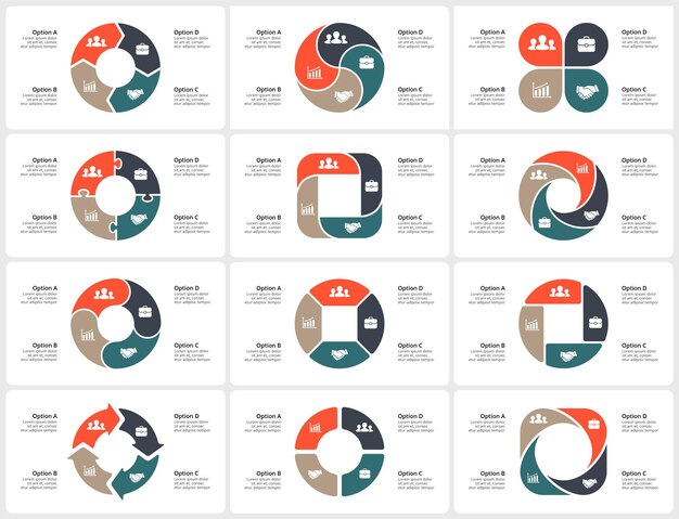 Vecteur diagrammes circulaires infographies avec 4 étapes et options graphiques cycliques