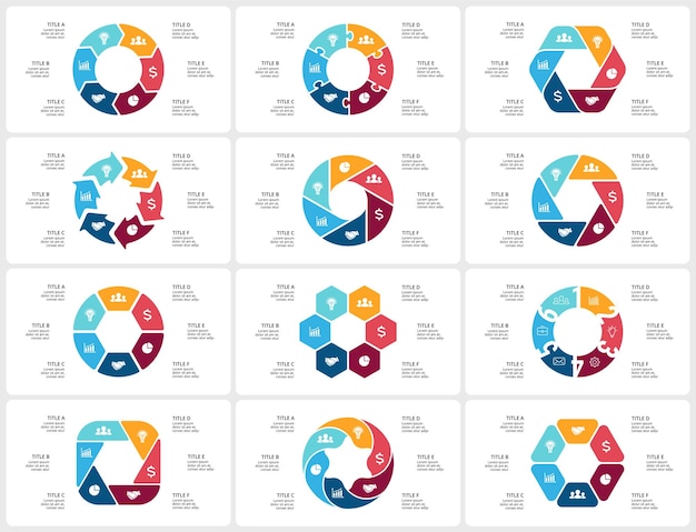 Vecteur diagrammes circulaires infographies avec 6 étapes et options graphiques cycliques