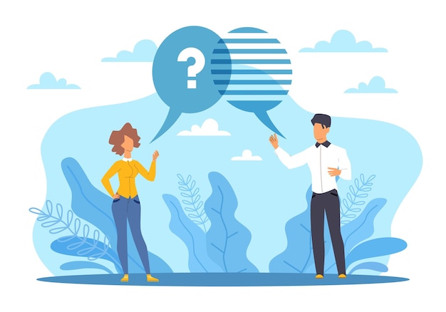 Dialogue et communication bulle de dialogue avec question problème explication homme et femme discussion information support client consultation vecteur dessin animé plat faq concept