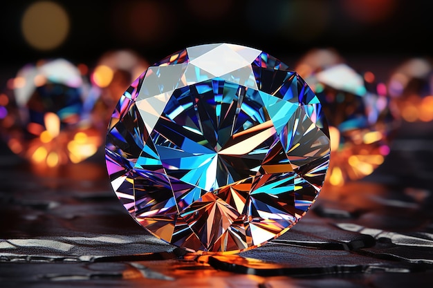 Vecteur diamant rond clair taille brillant debout sur sa pointe sur fond miroir noir côté gros plan