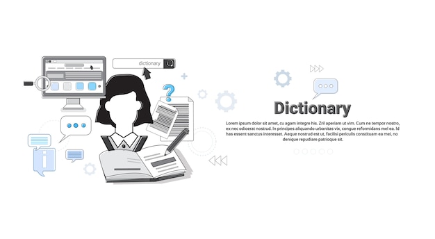 Dictionnaire Vocabulaire Technologie Traduction Outil Web Bannière Vector Illustration