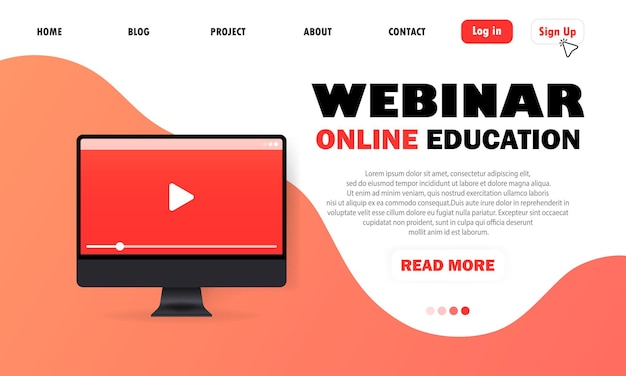Didacticiels Vidéo En Ligne Sur L’informatique. Séminaire En Ligne. Formation En Ligne, Cours. Ordinateur Avec Bouton De Lecture. Page De Destination.