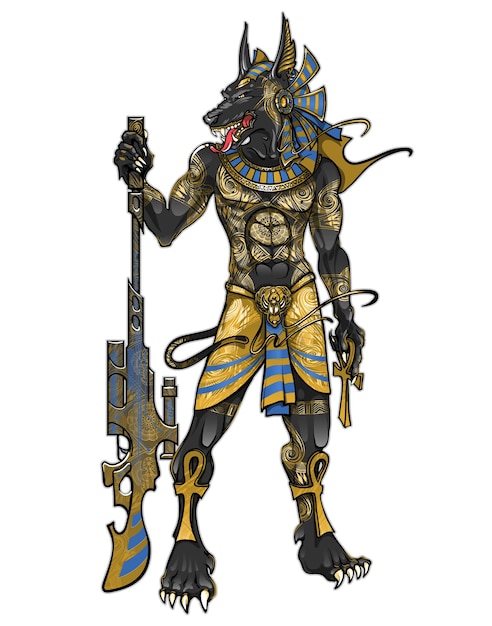 Dieu égyptien Anubis avec une arme Illustration pour un T-shirt ou un tatouage