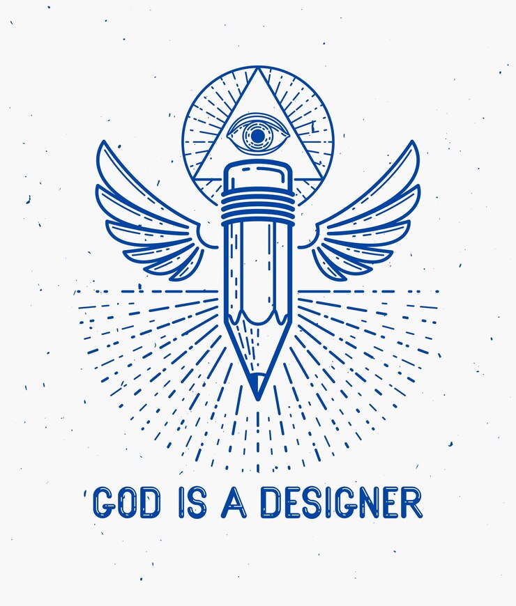 Vecteur dieu est un concept de designer, un crayon avec des ailes et un œil de dieu qui voit tout dans un triangle de géométrie sacrée, dieu est un artiste, un logo vectoriel ou une icône dans un style linéaire tendance.