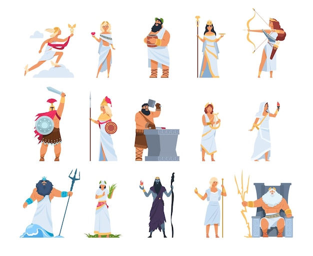 Dieux grecs de dessin animé Membres du panthéon divin de la Grèce Personnes de la mythologie en toge et casque ou couronne d'or Collection de divinités olympiennes vecteur jeu de caractères de légendes magnifiques