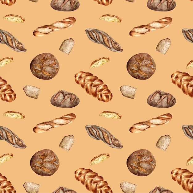 Vecteur différent type de baguette et de pain de seigle aquarelle motif sans couture isolé sur beige pain dessiné à la main challah peint illustration de pain élément pour la conception d'emballage en papier de boulangerie