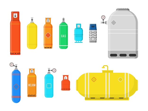 Vecteur différentes bouteilles de gaz isolés sur fond blanc. ensemble de matériel de camping haute pression à gaz comprimé liquéfié pour stockage de carburant.