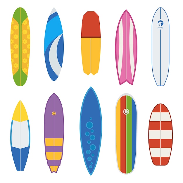 Différentes collections de planches de surf. Vector design plat divers ensemble de bureau de surf. Bureaux et planches de surf. Différentes couleurs et styles. Bureaux de surf isolés sur fond blanc. Shortboard, longboard et plus