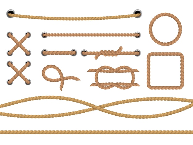 Différentes cordes bordure de corde ronde et carrée marine réaliste cadres de corde de jute ou de chanvre courbe de collecte et lasso droit boucle de fil rond et nœud éléments décoratifs isolés ensemble de mer vectoriel
