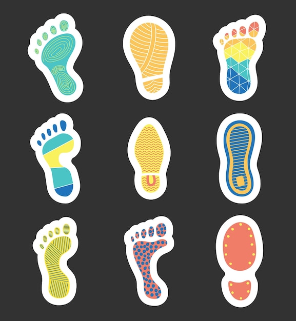 Vecteur différentes empreintes humaines autocollant marque-pages empreinte de bande de roulement de chaussure dessin vectoriel de style main