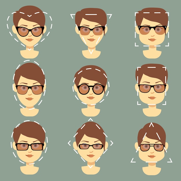 Différentes Lunettes De Soleil Adaptées Aux Femmes Différentes Visages Type Vectoriel Infographique. Lunettes De Vue