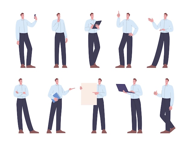 Différentes poses personnage masculin jeune homme d'affaires posant en utilisant un ordinateur portable pointe vers le haut et sur l'affichage travailleur occasionnel adulte personnages vectoriels kicky