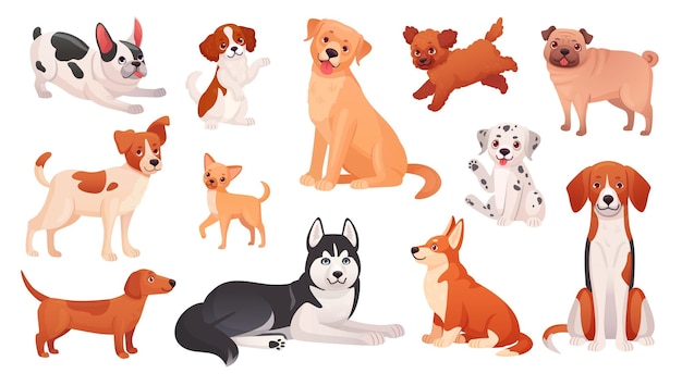 Vecteur différentes races de chiens dessin animé chien ludique ou chiot animal de compagnie pedigree élevage mignon poilu gentil race animaux russell petit carlin joli chien adorable animaux ingénieux illustration vectorielle