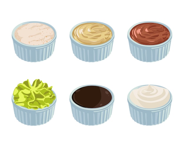 Vecteur différentes sauces dans un ensemble d'illustrations de dessins animés de bols. moutarde, guacamole, soja, wasabi, sauces mayonnaise et trempettes piquantes épicées isolées sur fond blanc. nourriture, concept de vinaigrette