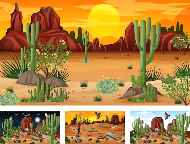 Vecteur différentes scènes avec paysage forestier désertique avec animaux et plantes