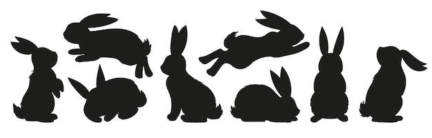 Vecteur différentes silhouettes lapins, lièvres. lapin s'assoit, dort et saute. illustration vectorielle isolée