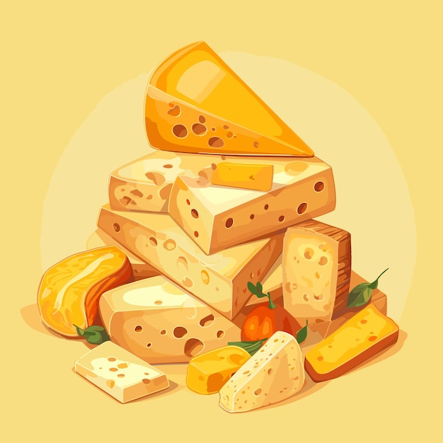 Différentes sortes de fromages sur la table sur fond neutre isolé, illustration vectorielle