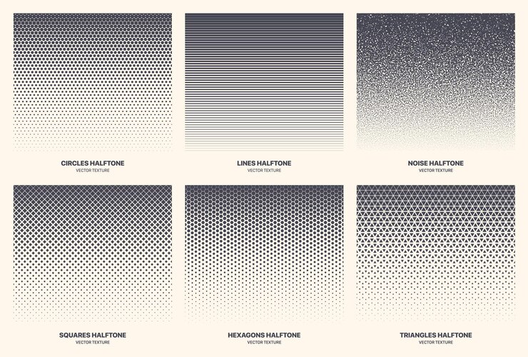 Vecteur différentes variations de texture de demi-teintes ensemble de motifs géométriques abstraits isolés sur fond. moderne divers demi-ton bordure textures collection cercles lignes bruit carrés hexagones triangles