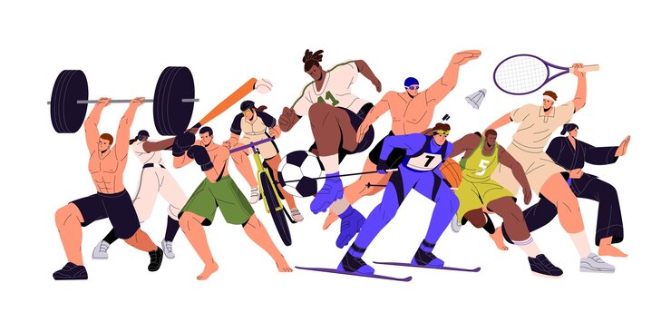 Vecteur différents athlètes de tous les types de sports multi mix de sportifs groupe communautaire actif en action concept de championnat de ski de football de boxe illustration vectorielle plate isolée sur fond blanc