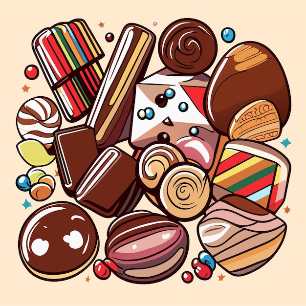 Différents bonbons au chocolat motif fond design doodle illustration vectorielle