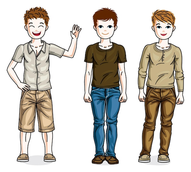 Différents jeunes garçons adolescents mignons enfants debout portant des vêtements décontractés à la mode. Ensemble vectoriel d'illustrations de beaux enfants. Clipart de style de vie de l'enfance et de la famille.