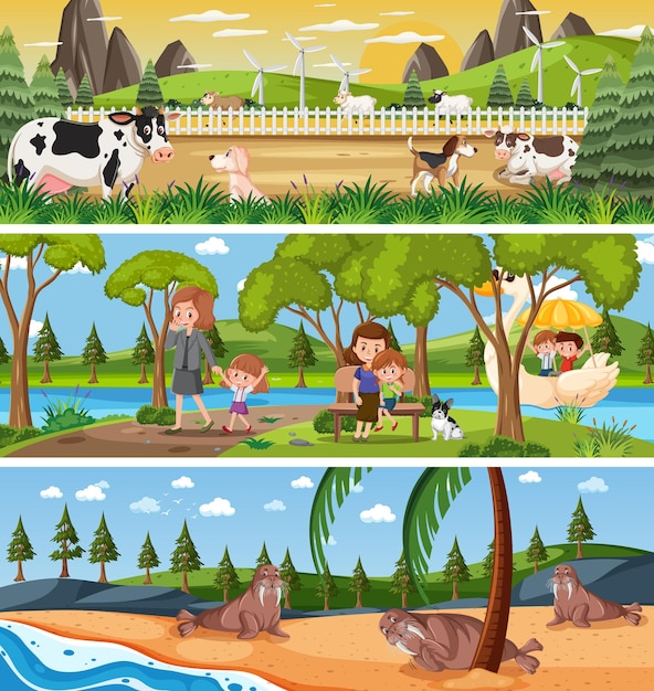 Différents Paysages Naturels Panoramiques Avec Personnage De Dessin Animé