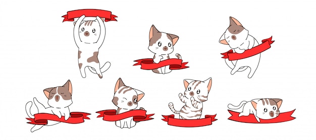 Différents Personnages De Chats Kawaii Et Bannière Rouge