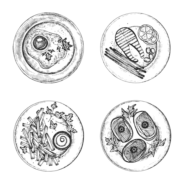 Vecteur différents plats sur assiettes ensemble de croquis vectoriels illustration isolé dessin à la main sur fond blanc