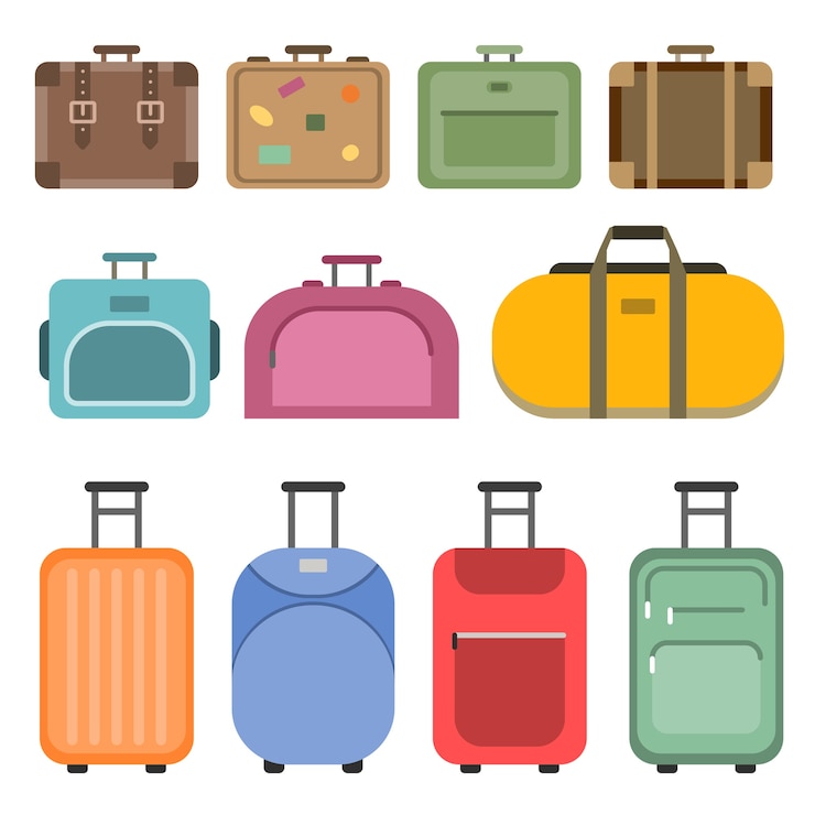 Vecteur différents sacs à poignée et valises de voyage. des photos. ensemble de bagages colorés et valise, bagages et sac pour voyage et tourisme. illustration