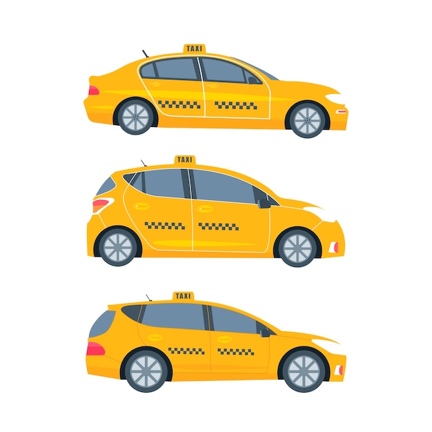 Différents Types De Cabine Jaune Machine Isolé Sur Fond Blanc. Concept De Service De Taxi Public. Illustration Vectorielle Plane.