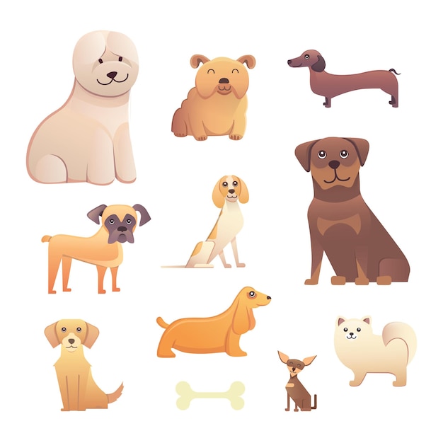 Différents Types De Chiens De Dessins Animés. Chien Heureux Mis Illustration Vectorielle.