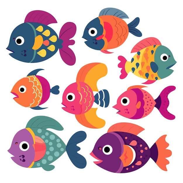 Différents types de dessins animés élégants collection de poissons colorés vie marine pour l'aquarium clip art nourrice