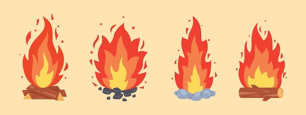 Vecteur différents types de feu de camp cadres de feu de joie à combustion vectorielle collection de feu de camping cheminée avec charbons de feu ou feu de bois dans un ensemble de style dessin animé