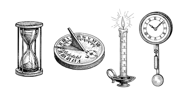 Vecteur différents types d'horloge antique cadran solaire sablier bougie et pendule esquisses à l'encre