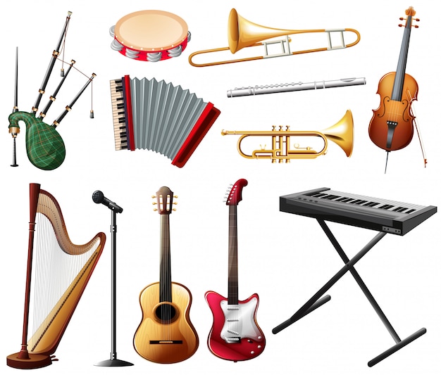 Différents types d'instrument de musique sur blanc