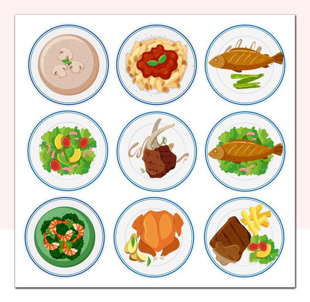 Vecteur différents types de nourriture sur des assiettes rondes