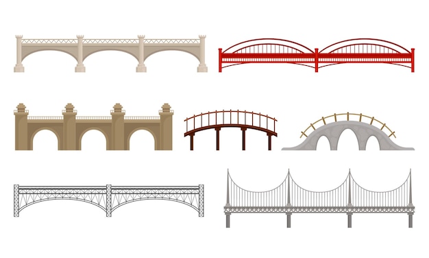 Vecteur différents types de ponts en béton et en métal isolés sur un ensemble vectoriel de fond blanc