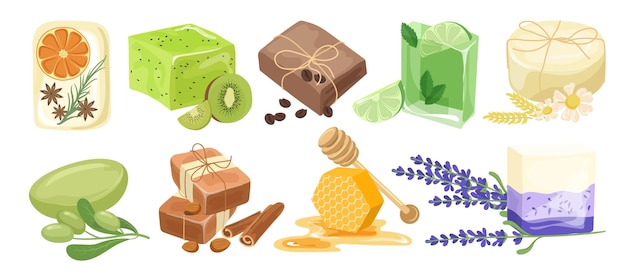 Différents types de savon à main artisanal produit de soins corporels fabriqué à la main illustration vectorielle de l'ensemble isolé