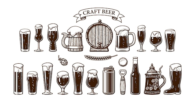 Différents Types De Verres à Bière, Tasses Et Autres Objets Utilisés Dans La Production De Bière