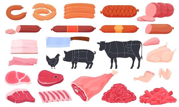 Différents types de viande. Saucisses, jambon, saindoux, steak, ailes, cuisses, poulet, steak, côtes levées.