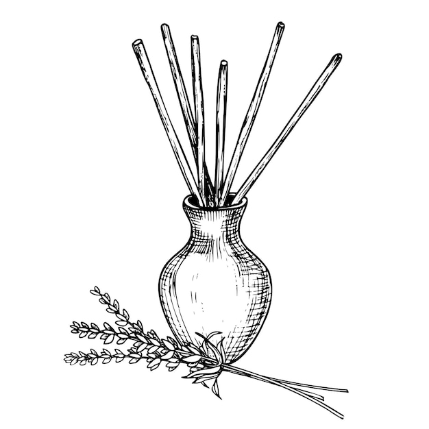 Vecteur diffuseur avec lavande illustration vectorielle dessin de rafraîchissement avec parfum floral dans le style de l'art en ligne dessin d'huile essentielle pour l'aromathérapie peinte à l'encre noire bâtons aromatiques avec des herbes