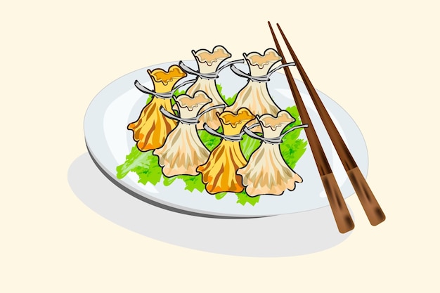 Vecteur dim sum de boulettes de nourriture chinoise traditionnelle avec illustration de baguettes